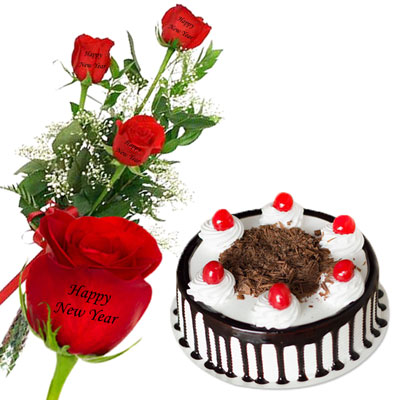 "Talking Roses (Print on Rose) (3 Red Roses) - Happy New Year, Cake - Click here to View more details about this Product